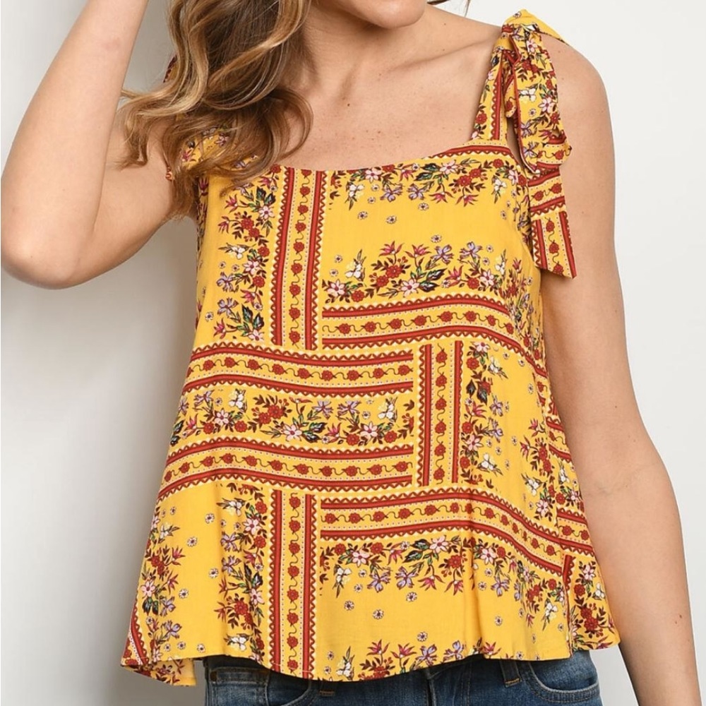 GILLI Marigold Yellow Boho Chic Floral Print Self Tie Shoulder Swing Cami Medium